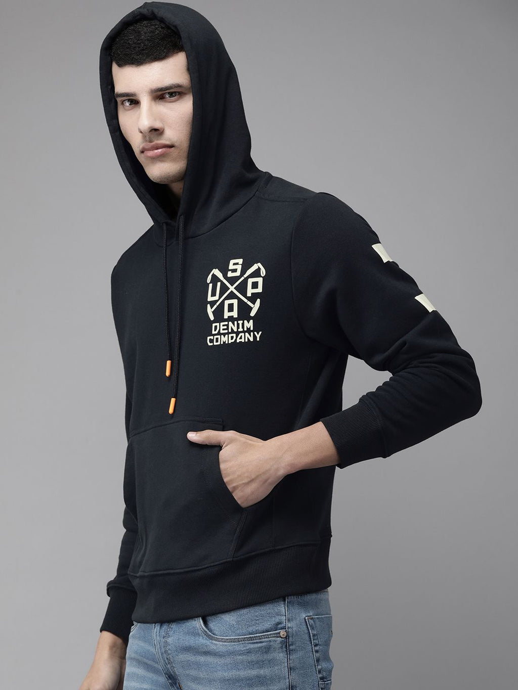  U S Polo Assn Denim Co Men Navy Blue & White Printed Hooded Sweatshirt