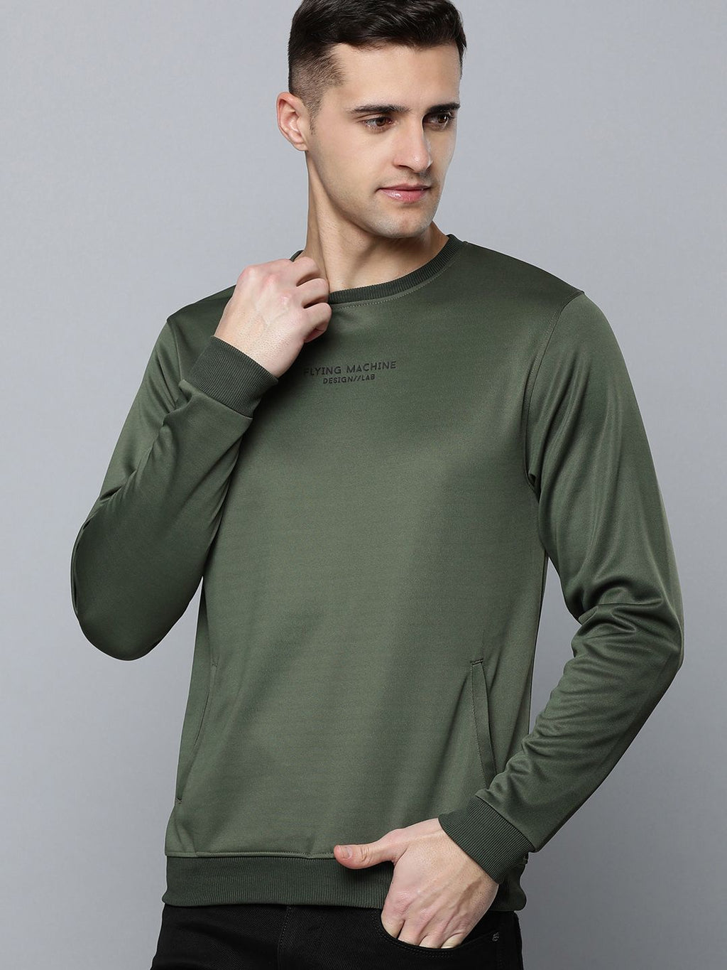  Flying Machine Men Green Solid Sweatshirt With Minimal Print Detail