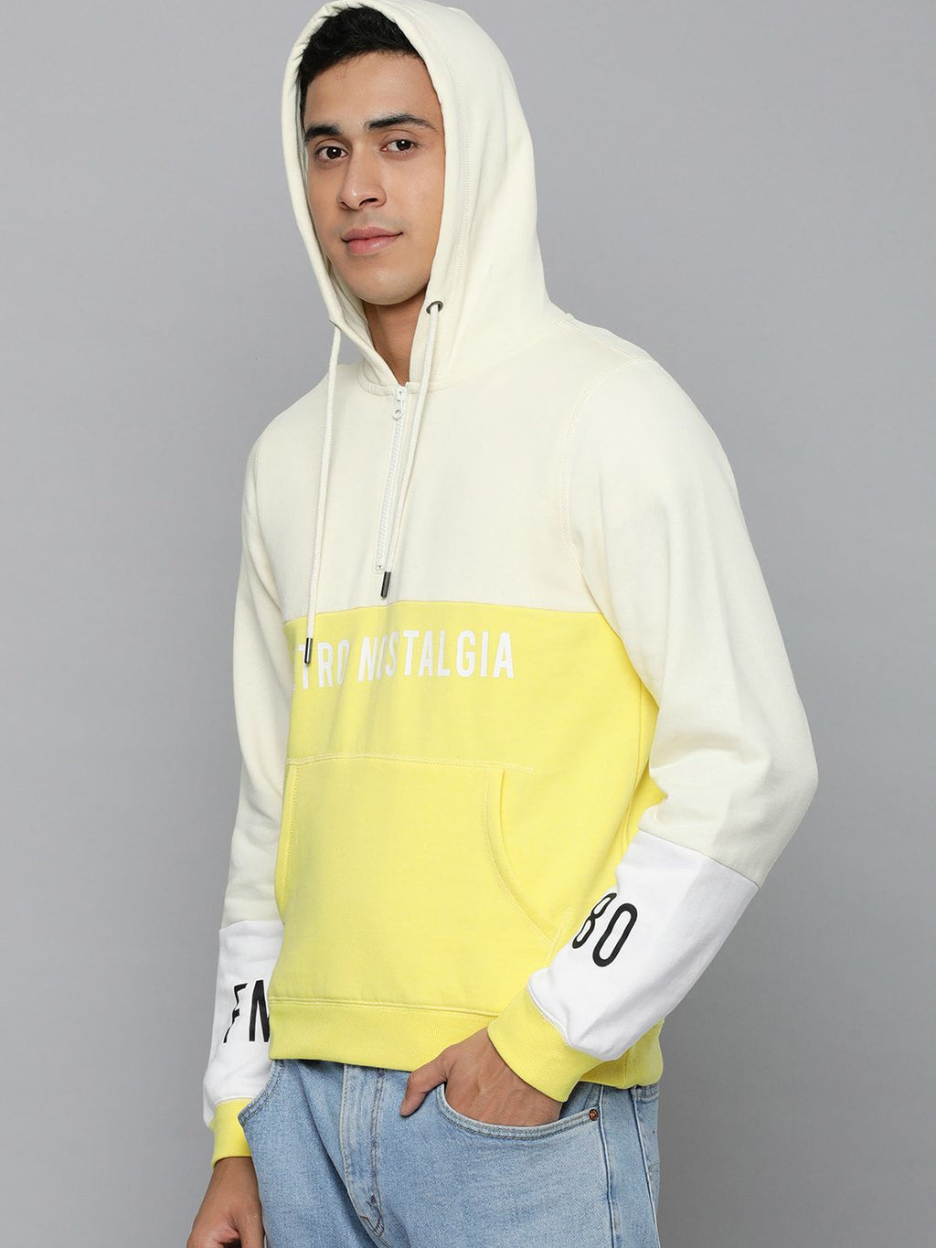  Flying Machine Men Yellow Colourblocked Hooded Sweatshirt With Minimal Print Detail