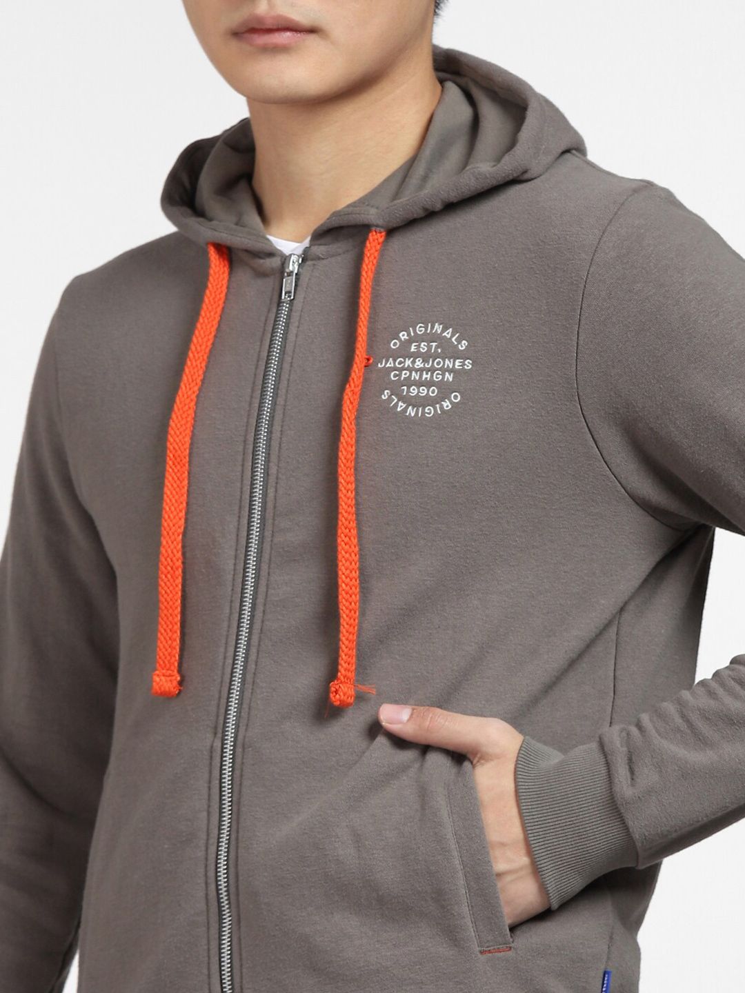  Jack & Jones Men Grey Hooded Front Open Sweatshirt