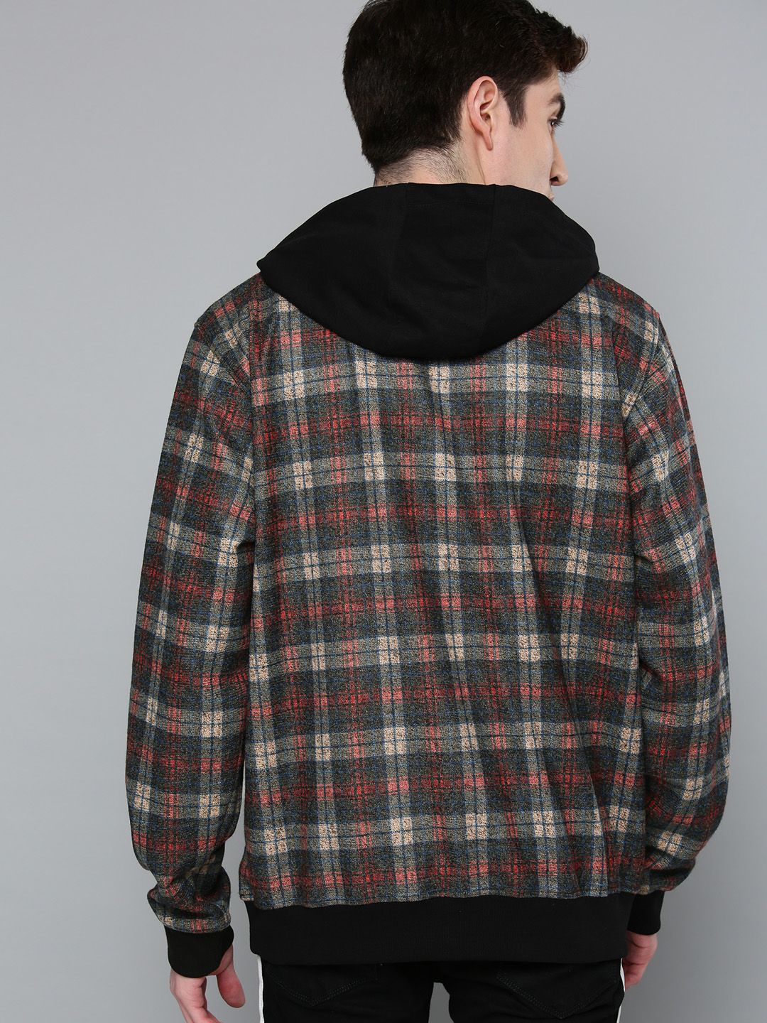  Justice League Men Charcoal Grey & Red Checked Hooded Sweatshirt
