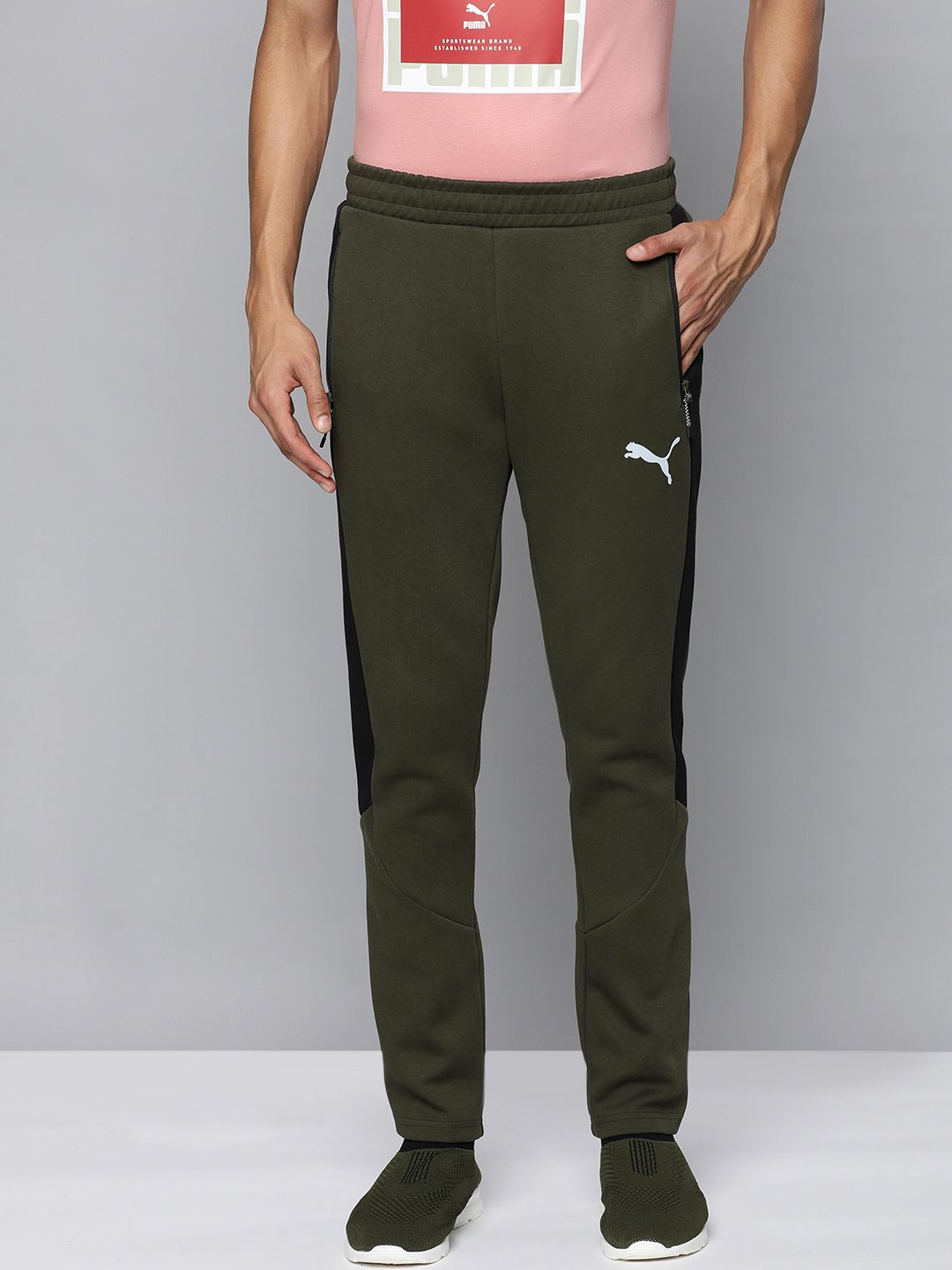  Puma Men Olive Green & Black Colourblocked DryCELL Slim Fit Track Pants