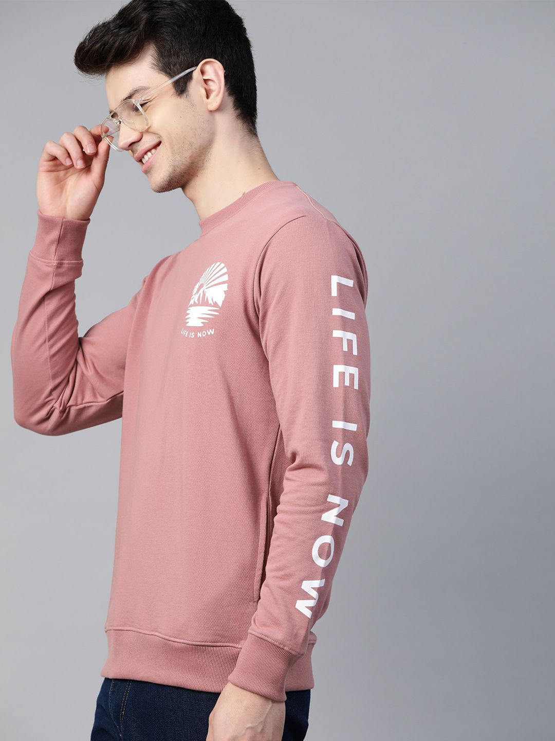  Mast & Harbour Men Peach-Coloured Handcrafted Sweatshirt