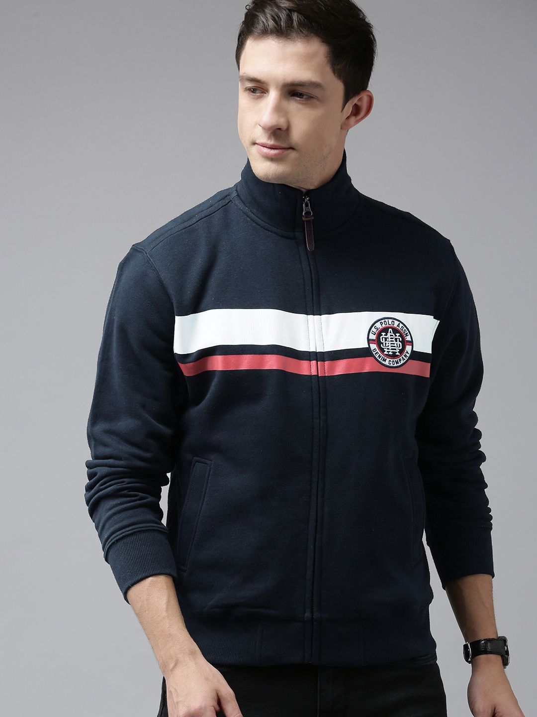  U S Polo Assn Denim Co Men Navy Blue & White Striped Sweatshirt