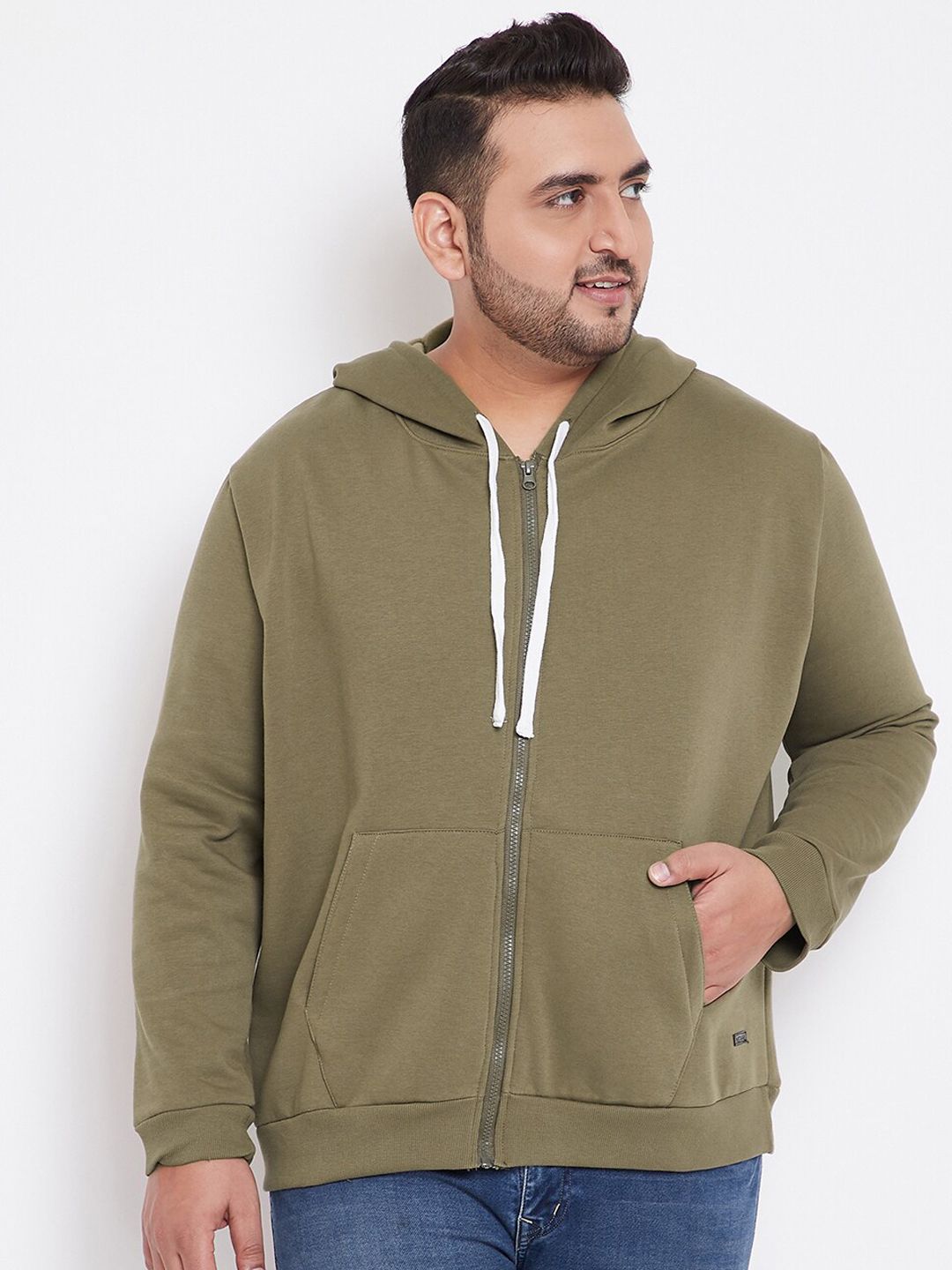  Instafab Plus Men Olive Green Solid Hooded Sweatshirt