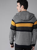  Roadster Men Grey & Black Striped Hooded Sweatshirt