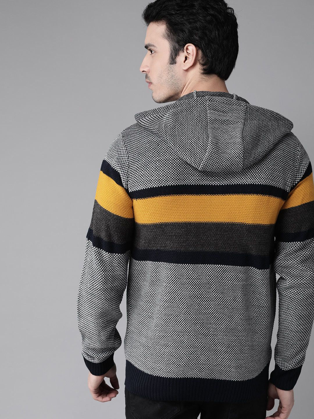 Roadster Men Grey & Black Striped Hooded Sweatshirt