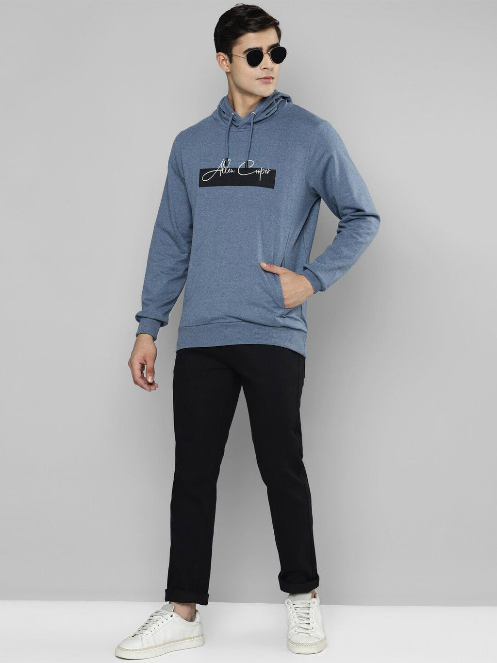  Allen Cooper Men Blue Printed Hooded Sweatshirt