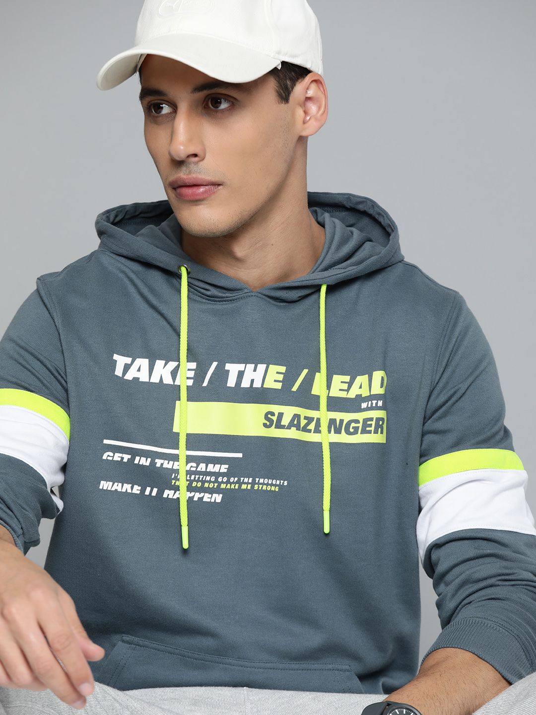  Slazenger Men Grey Printed Hooded Sweatshirt