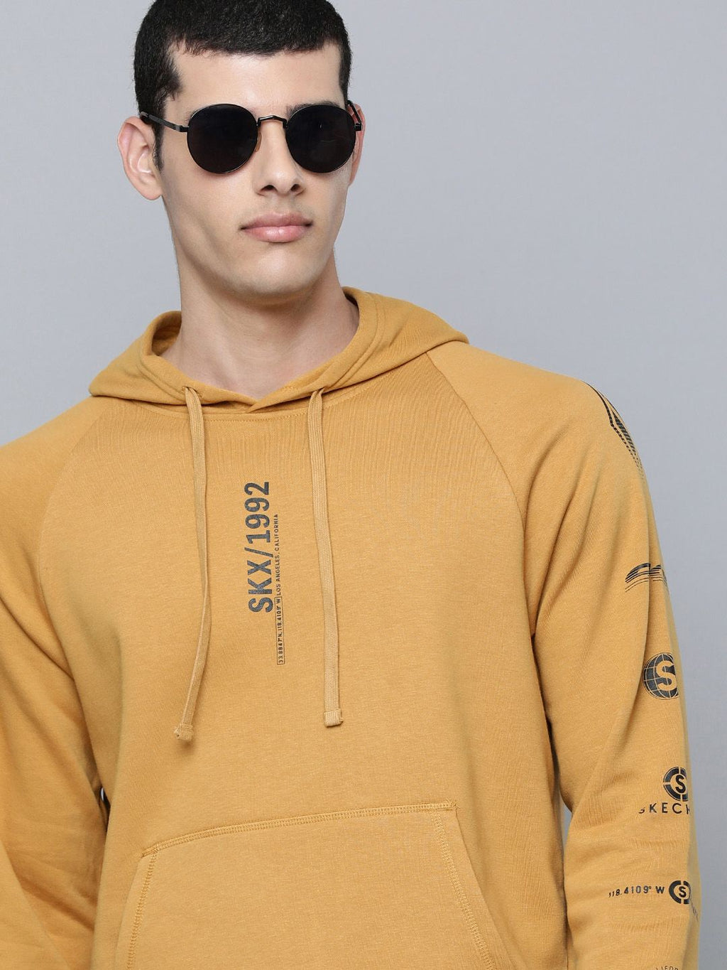  Skechers Men Mustard Yellow Typography Print SKX Varocity Hooded Pullover Sweatshirt