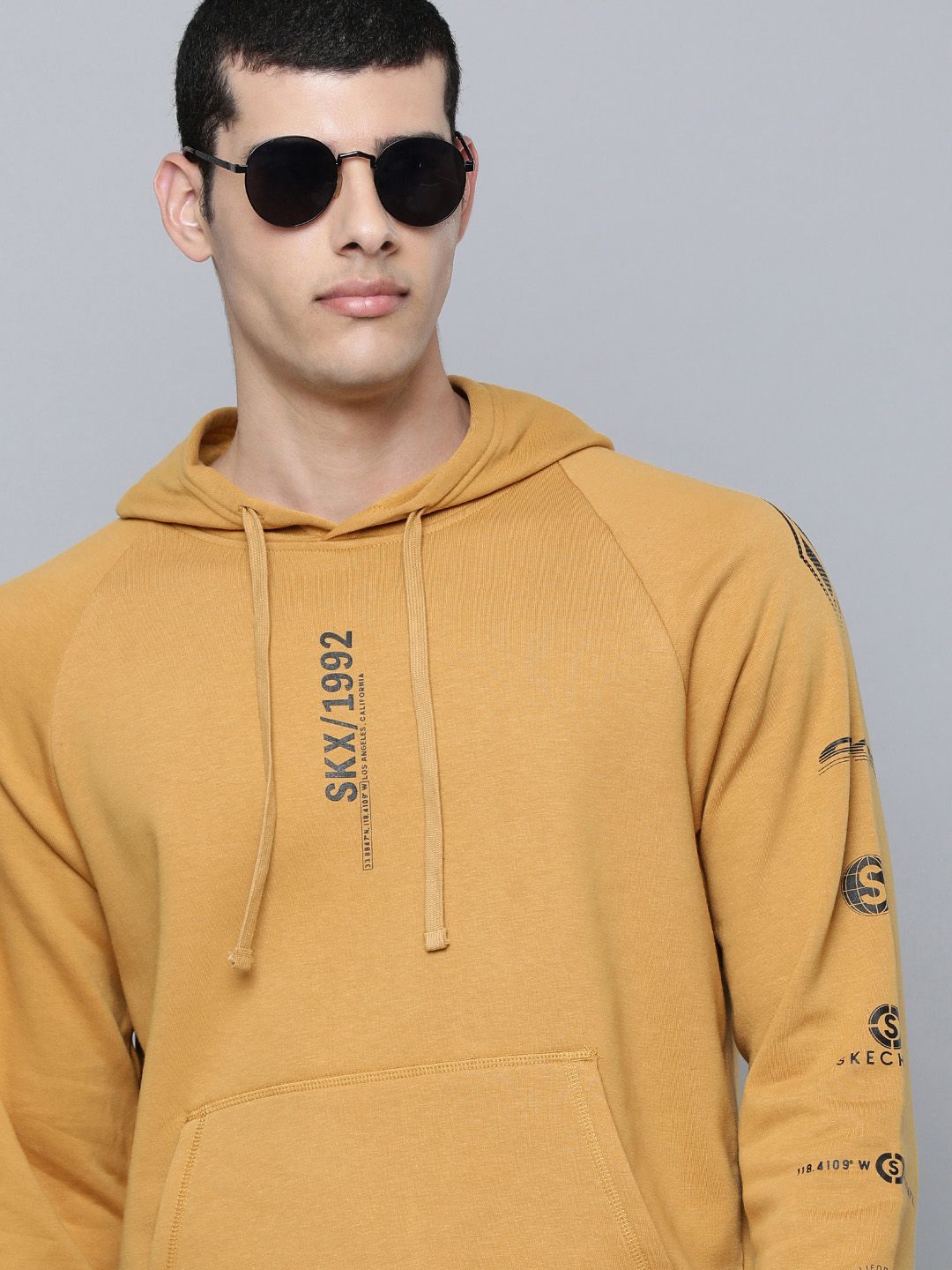  Skechers Men Mustard Yellow Typography Print SKX Varocity Hooded Pullover Sweatshirt