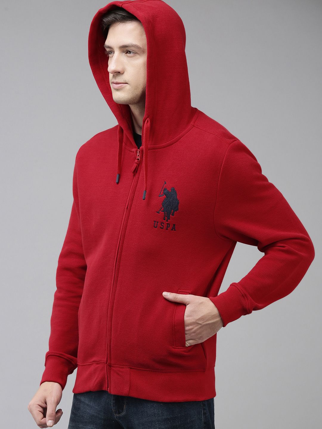  U.S. Polo Assn. Men Red Brand Logo Embroidered Hooded Sweatshirt