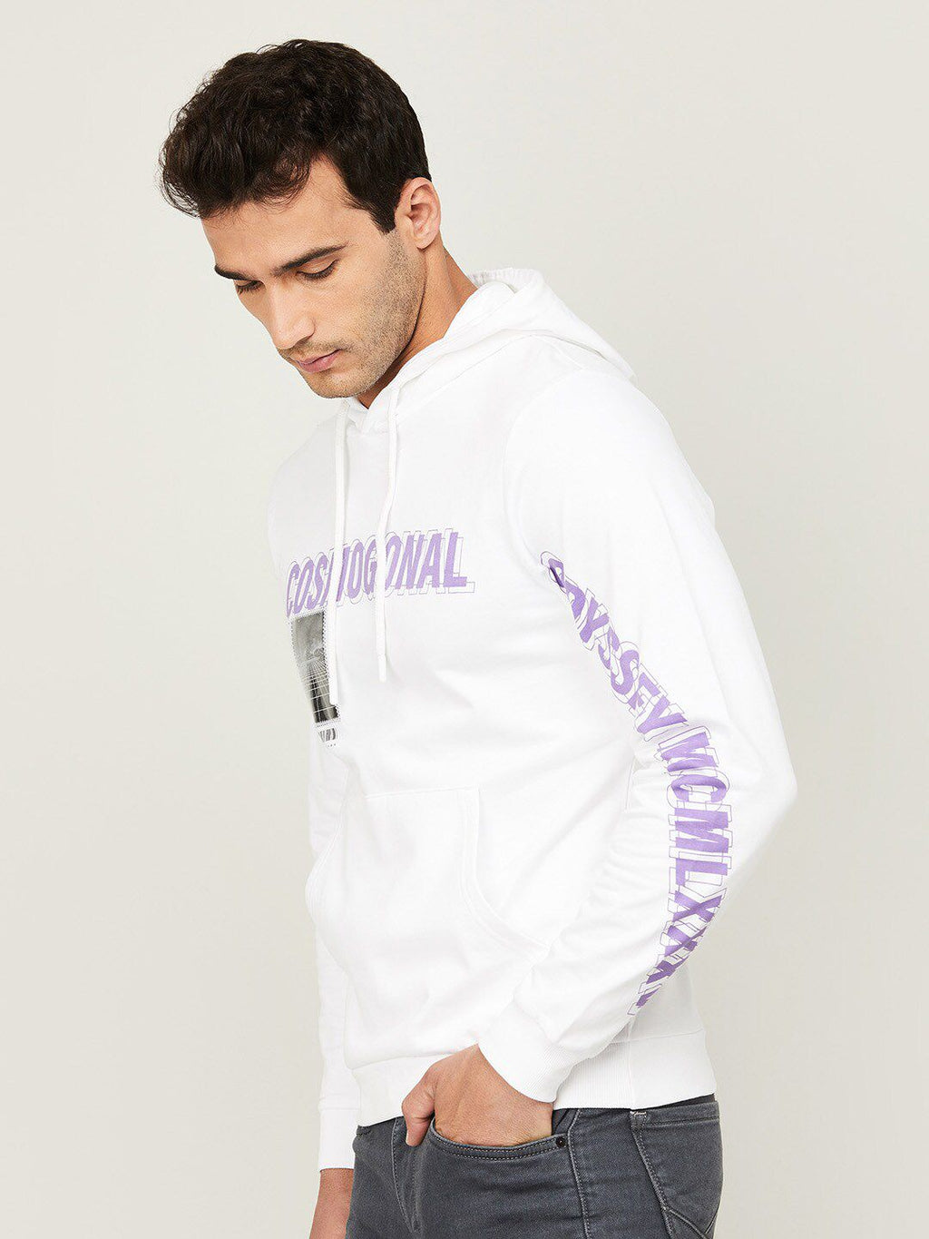  Bossini Men White Printed Hooded Cotton Sweatshirt