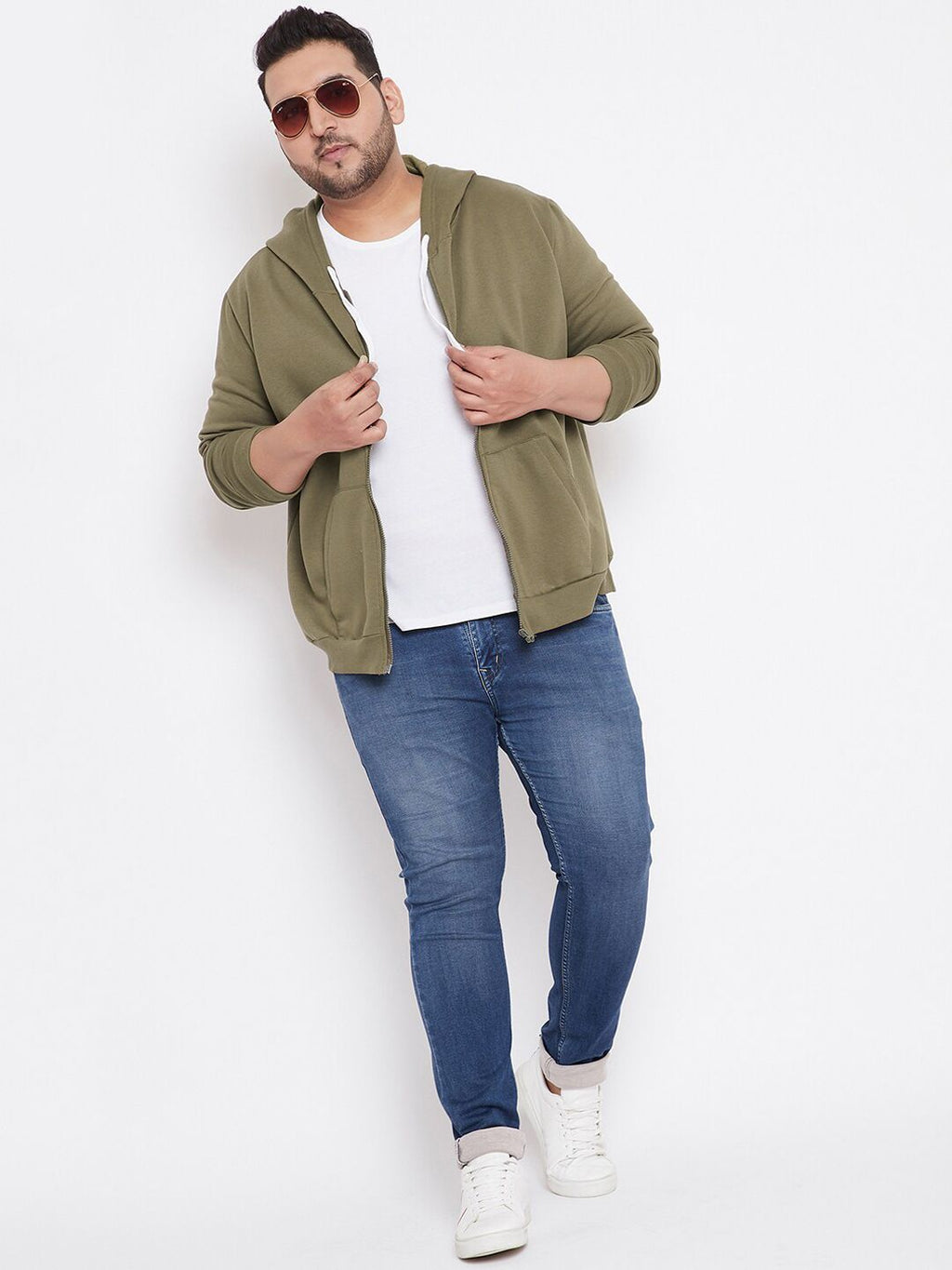  Instafab Plus Men Olive Green Solid Hooded Sweatshirt