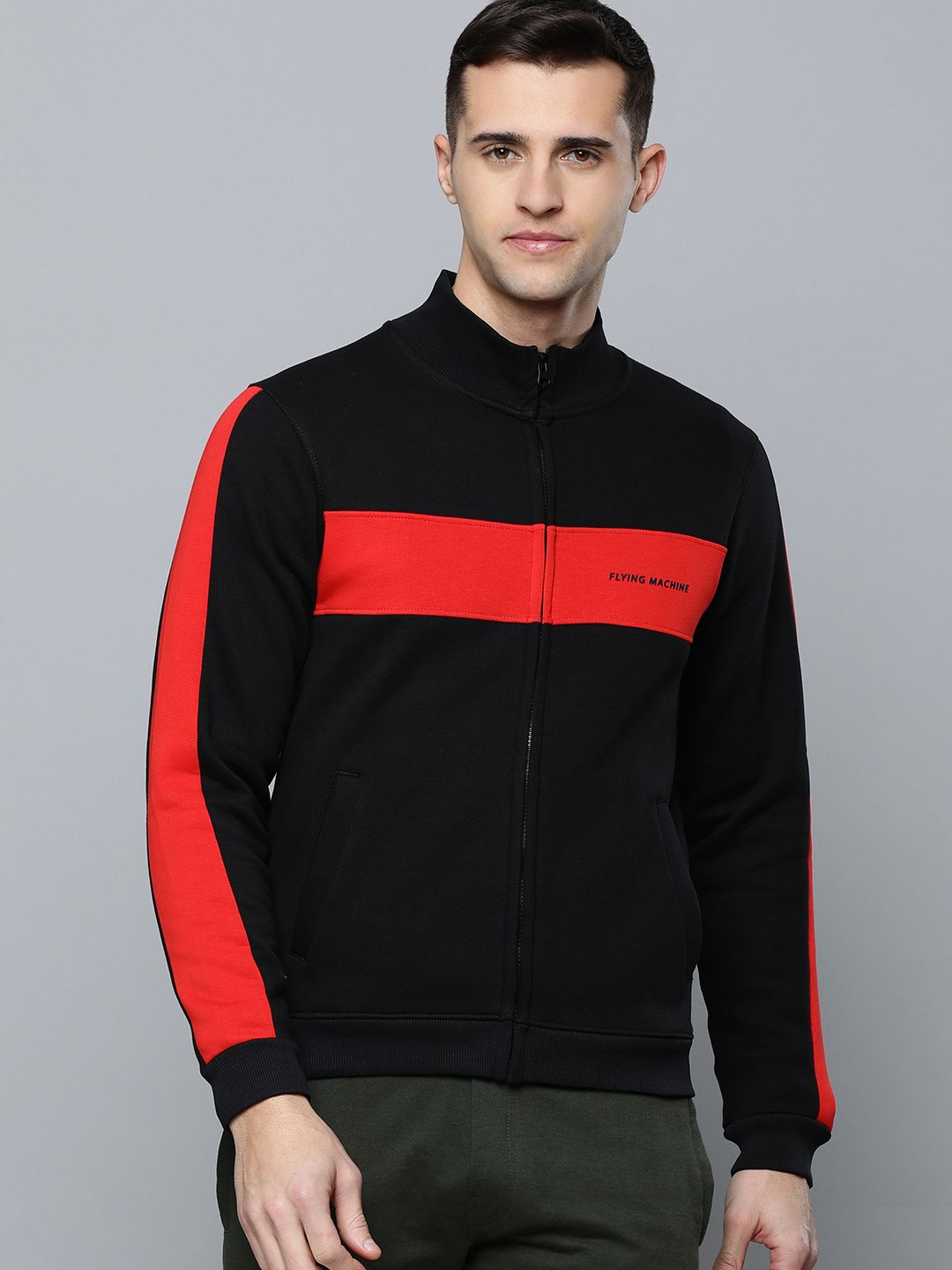  Flying Machine Men Black Block Stripes Front-Open Sweatshirt