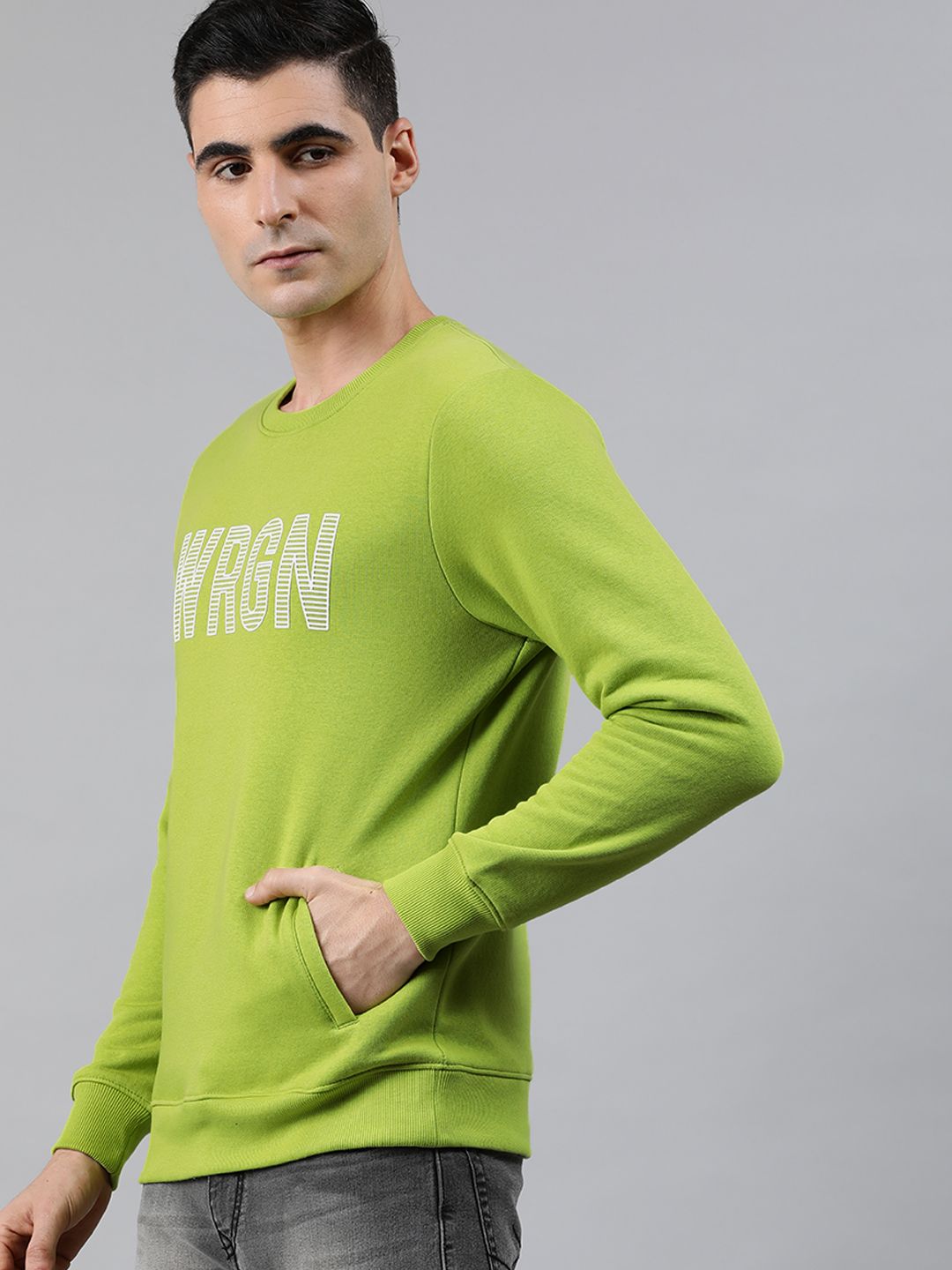  WROGN Men Green Printed Slim Fit Pullover Sweatshirt