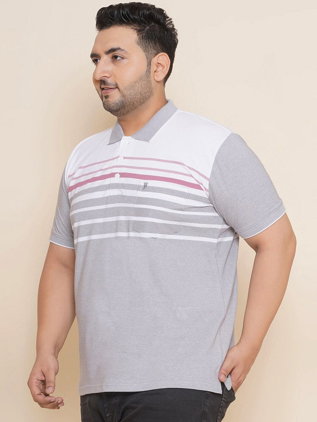  John Pride Plus Size Striped Polo Collar Pure Cotton T-shirt
