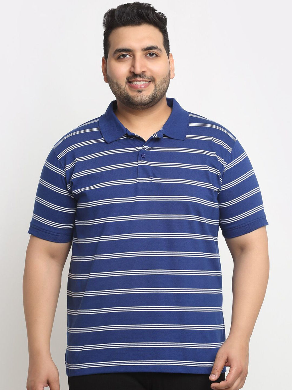  PlusS Blue Striped Polo Collar Pure Cotton T-shirt