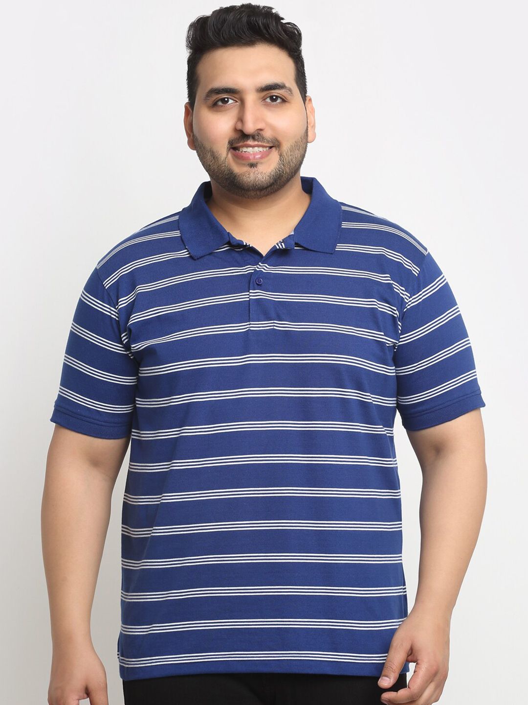  PlusS Blue Striped Polo Collar Pure Cotton T-shirt