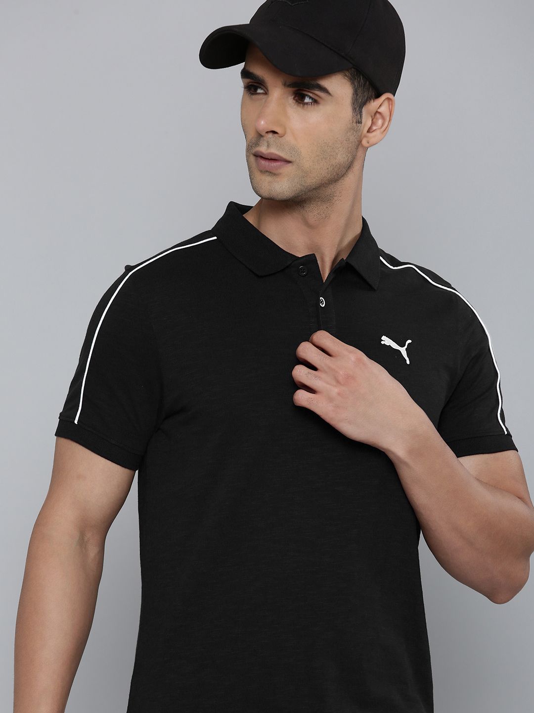  Puma Slub Slim Fit Pure Cotton Polo T-shirt With Stripe Detail On Shoulder