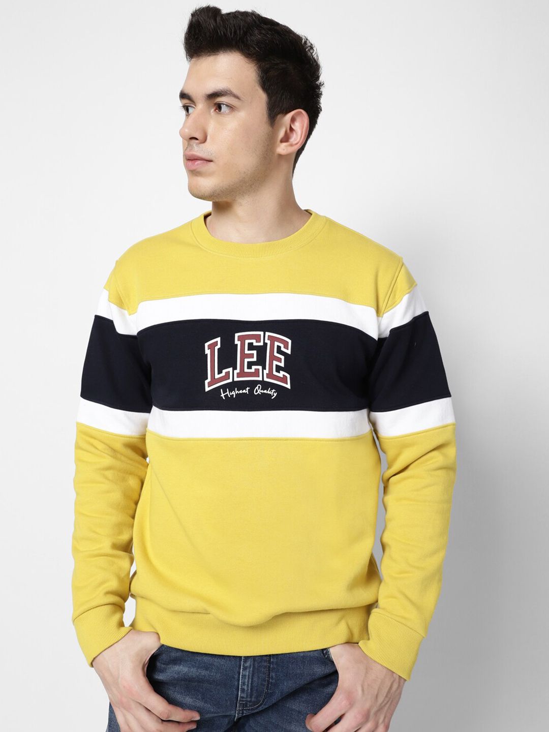  Lee Men Mustard Colourblocked Detachable Hood Cotton Sweatshirt