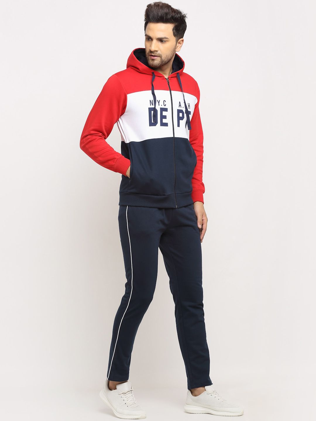  WILD WEST Men Navy Blue & Red Colourblocked Cotton Tracksuits