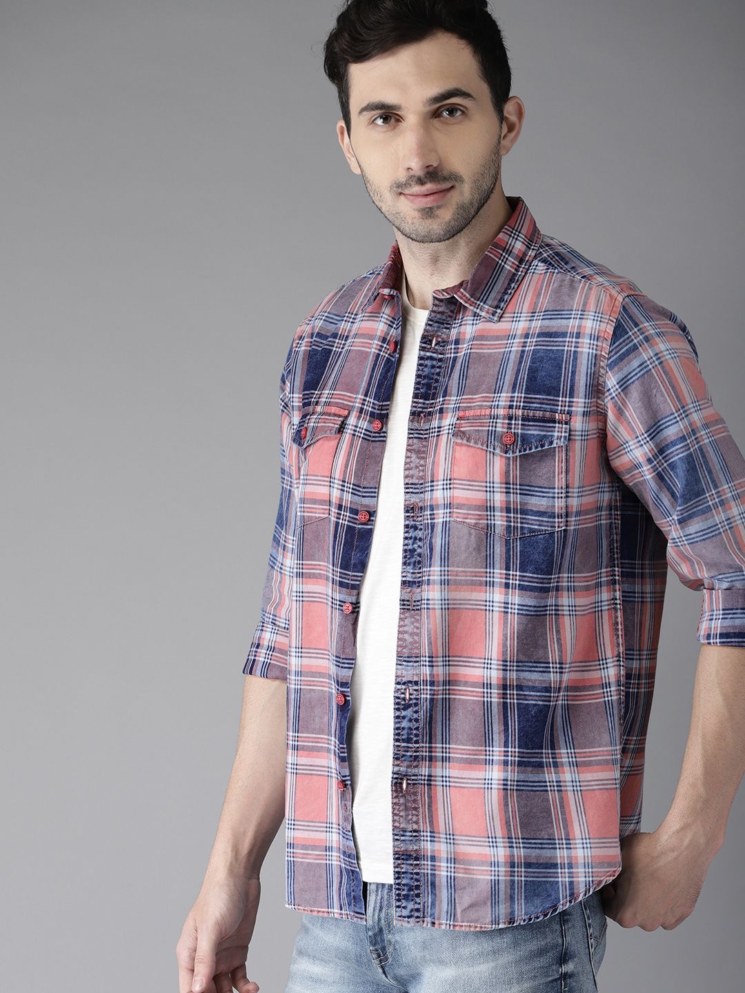  Moda Rapido Men Pink & Navy Blue Slim Fit Checked Casual Shirt