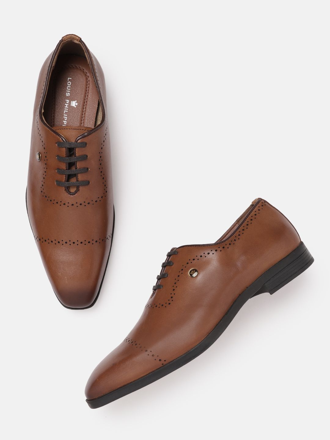  Louis Philippe Men Brown Solid Leather Formal Oxfords With Perforated Detail
