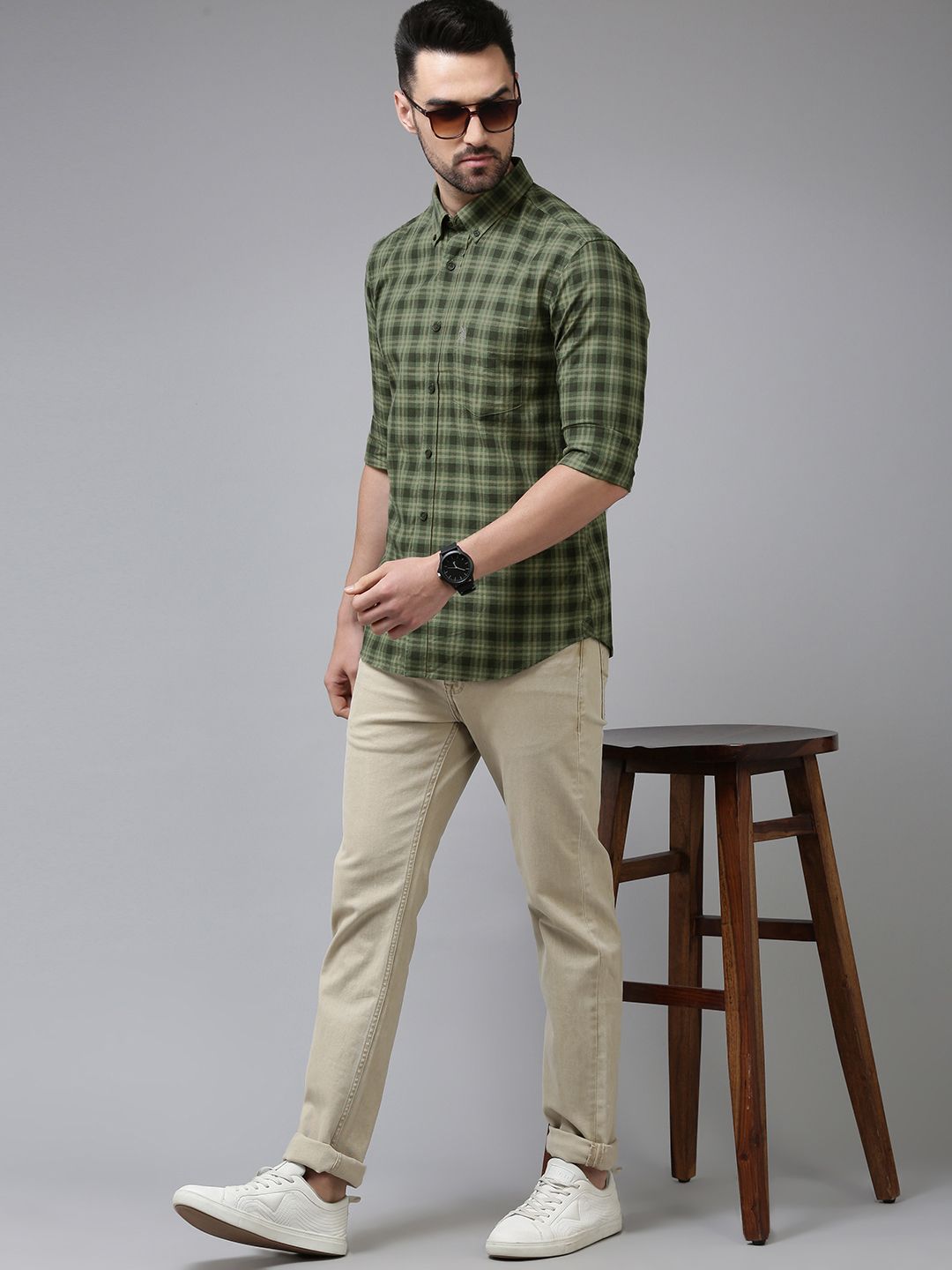 U.S. Polo Assn. U S Polo Assn Men Olive Green Tailored Fit Tartan Checked Pure Cotton Casual Shirt