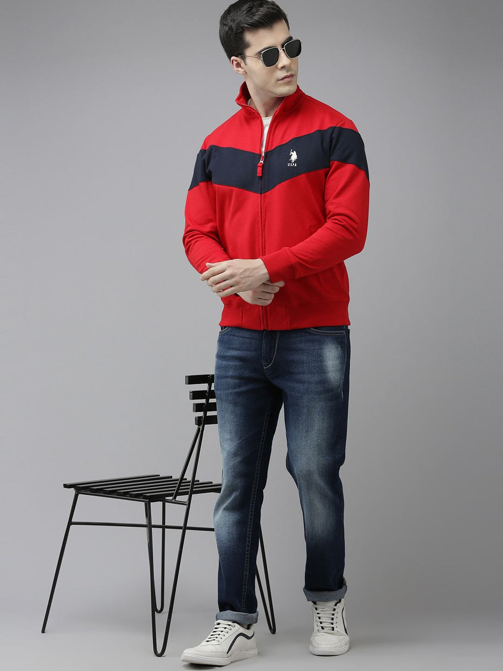 U.S. Polo Assn. U S Polo Assn Men Red & Navy Blue Colourblocked Long Sleeves Sweatshirt