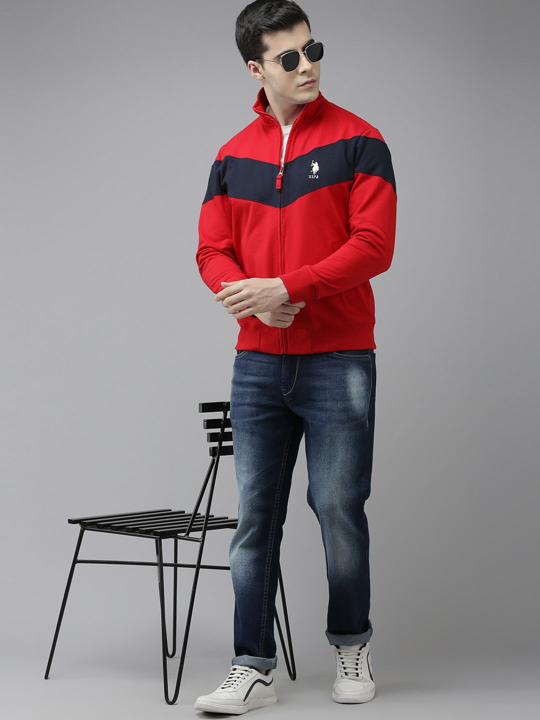 U.S. Polo Assn. U S Polo Assn Men Red & Navy Blue Colourblocked Long Sleeves Sweatshirt