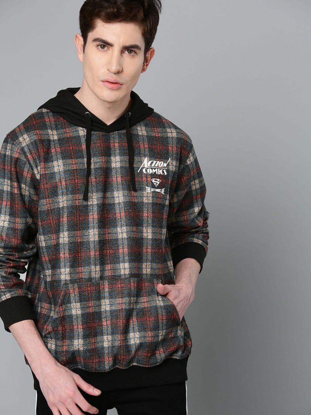  Justice League Men Charcoal Grey & Red Checked Hooded Sweatshirt