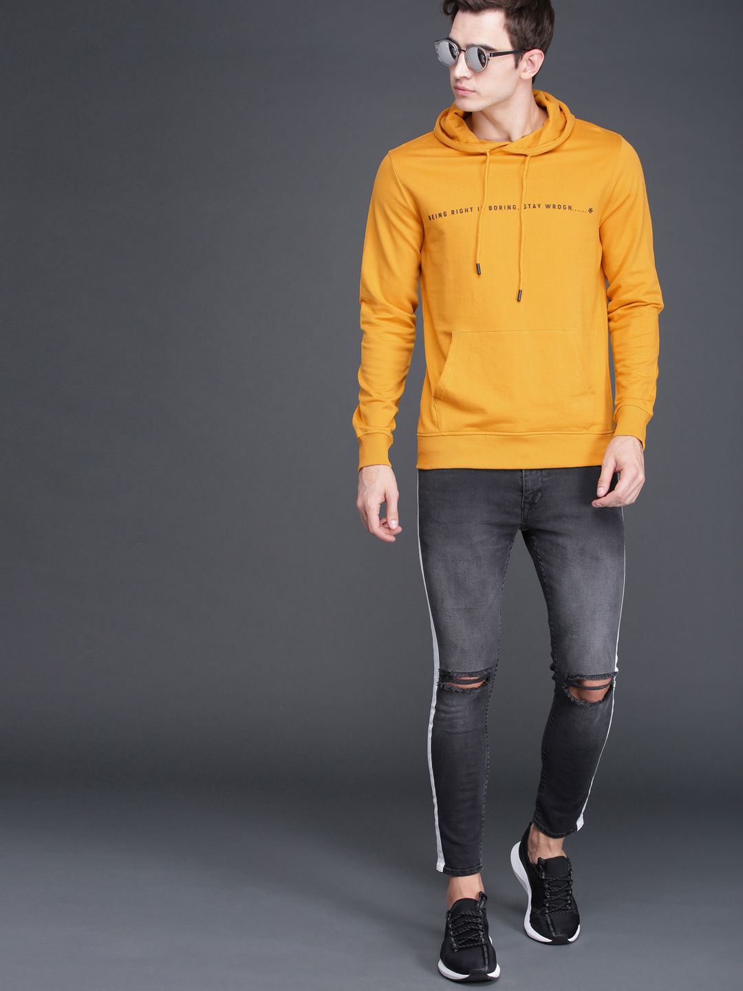  WROGN Men Mustard Yellow Slim Fit Solid Hooded Sweatshirt