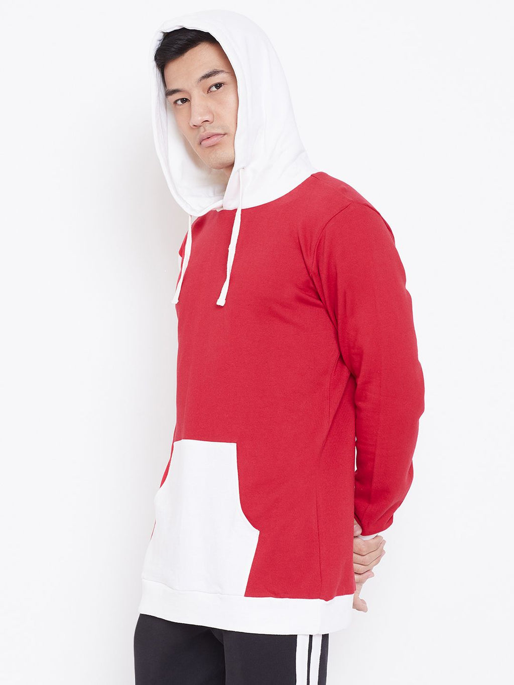  Aesthetic Bodies Men Red & White Colourblocked Hooded Sweatshirt