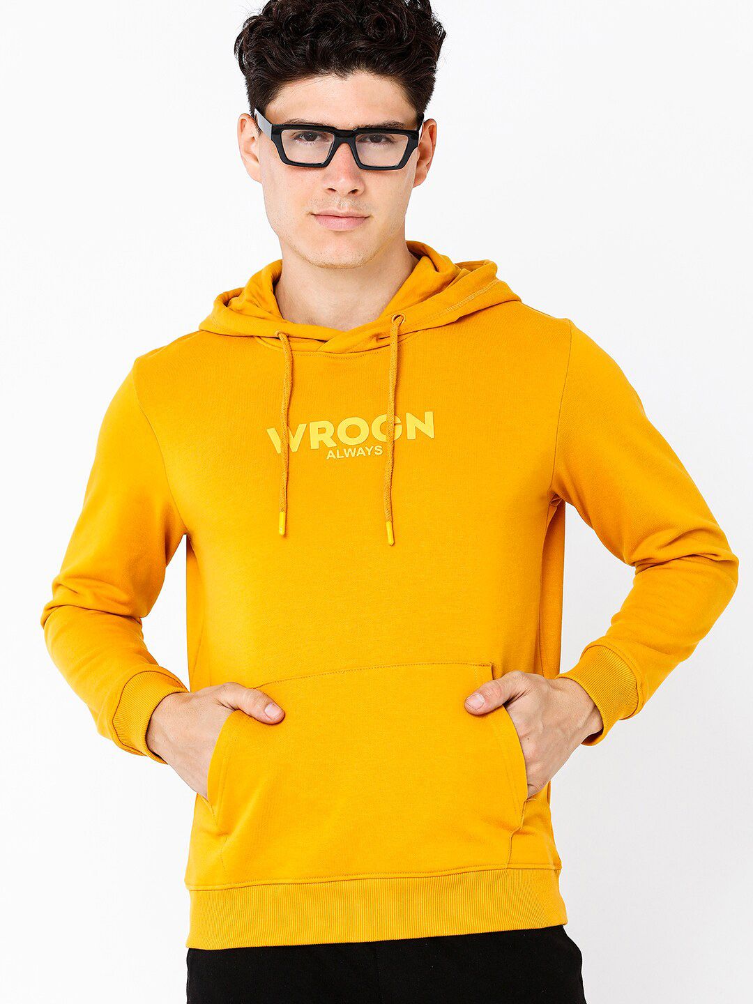  WROGN Men Alphanumeric Printed Hooded Pullover Pure Cotton Sweatshirt