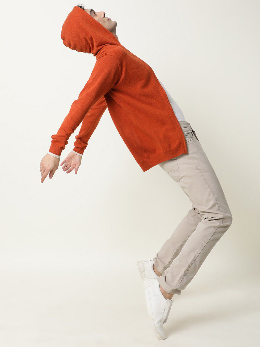  RARE RABBIT Men Orange Solid Cotton Hooded Sweatshirt