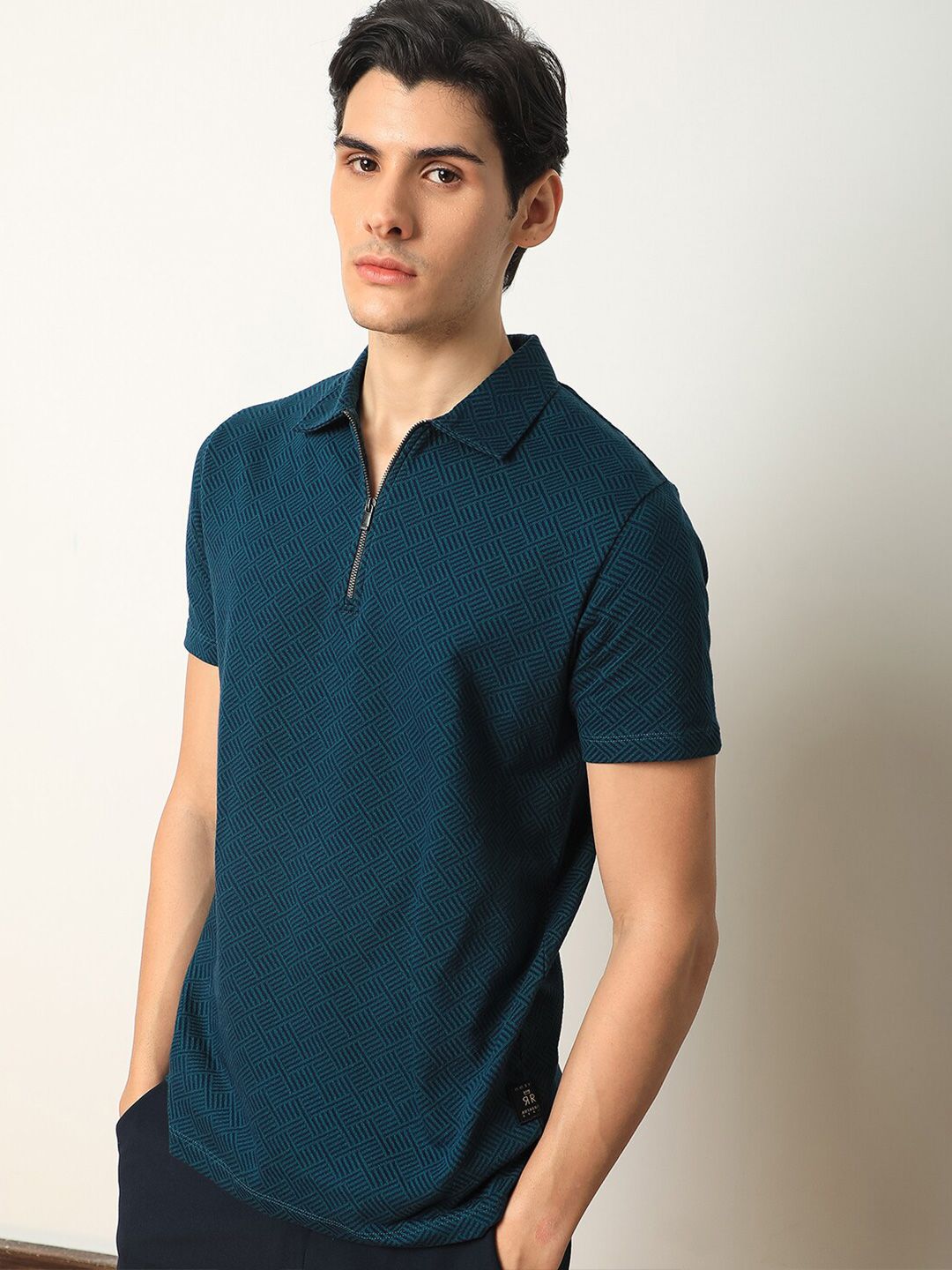  RARE RABBIT Geometric Printed Polo Collar Cotton Slim Fit T-shirt
