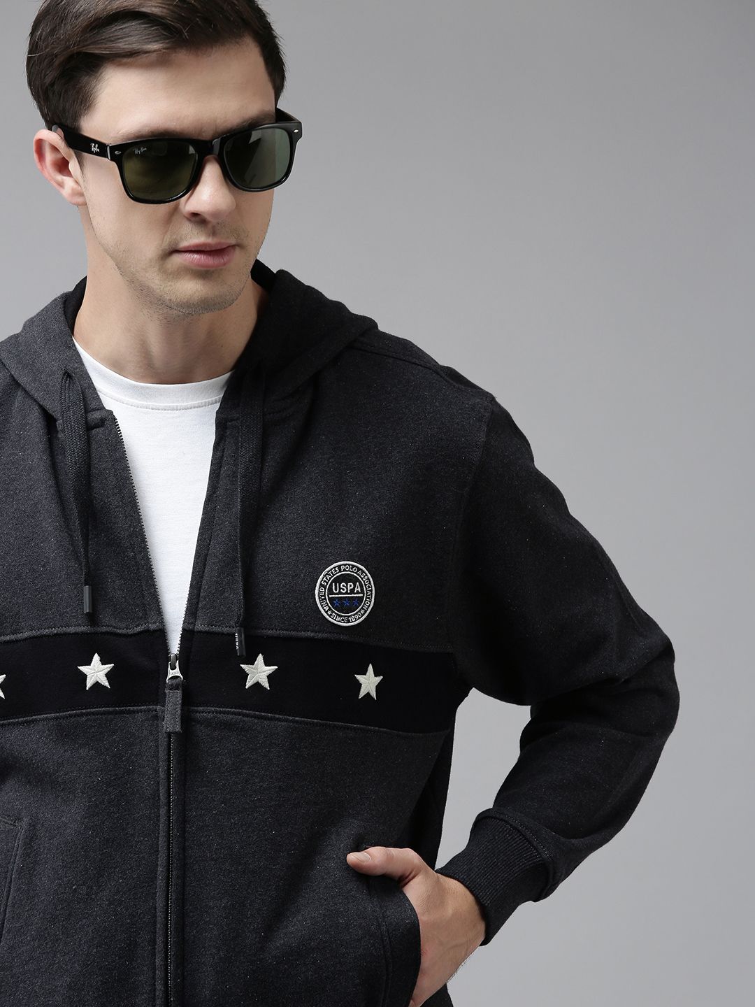 U.S. Polo Assn. U S Polo Assn Men Charcoal Brand Logo Printed Pure Cotton Hooded Sweatshirt