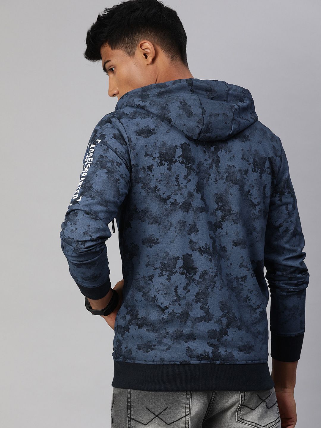  WROGN Men Navy Blue Slim Fit Printed Hooded Sweatshirt