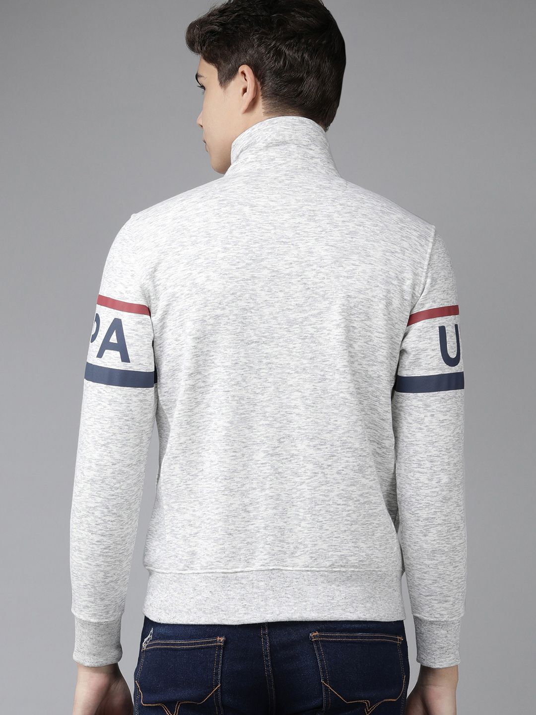  U S Polo Assn Denim Co Men Grey Full Sleeve Front Open High Neck Sweatshirt