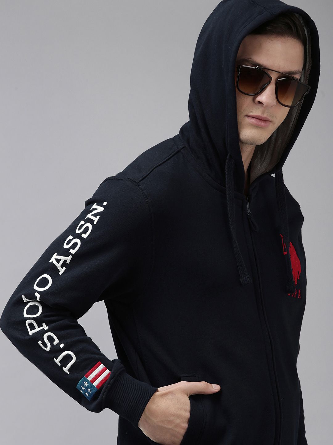U.S. Polo Assn. U S Polo Assn Men Navy Blue Brand Logo Printed Hooded Front-Open Sweatshirt