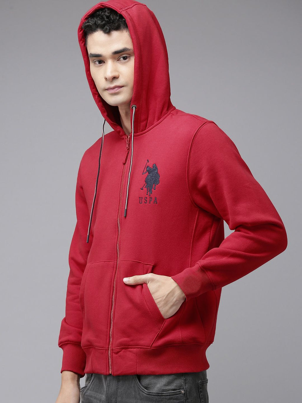 U.S. Polo Assn. U S Polo Assn Men Red Hooded Full Sleeves Front Open Sweatshirt