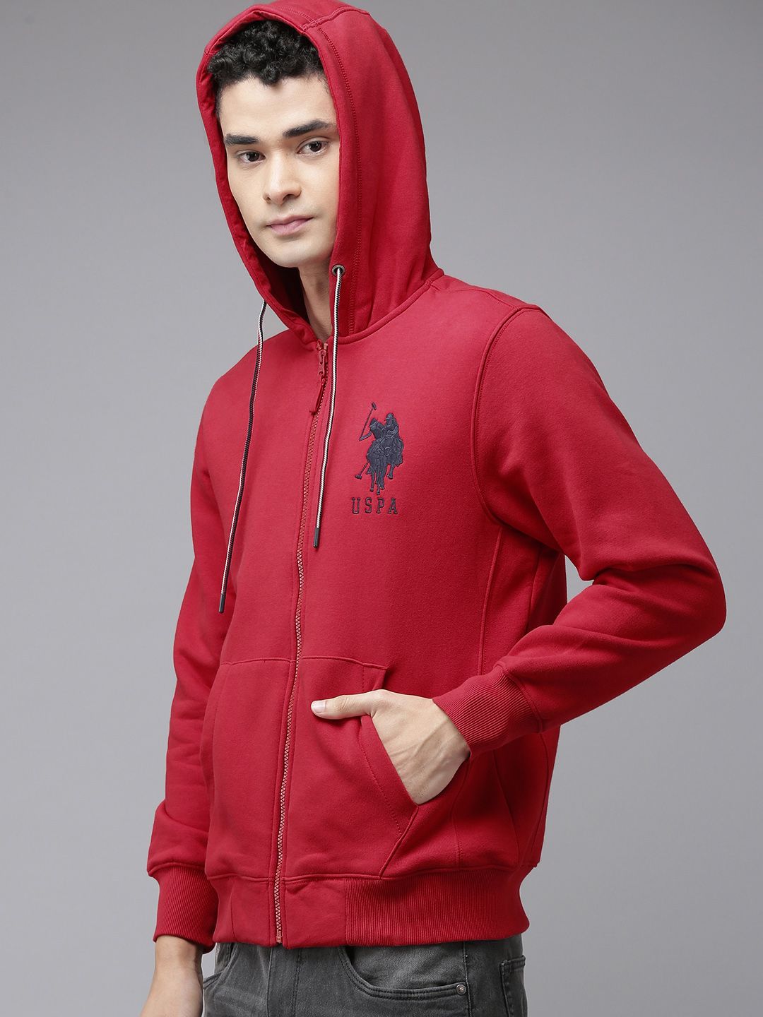 U.S. Polo Assn. U S Polo Assn Men Red Hooded Full Sleeves Front Open Sweatshirt