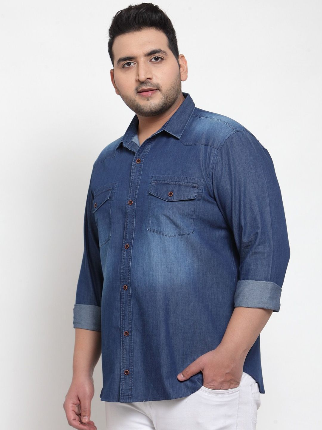  PlusS Men Blue Regular Fit Solid Casual Denim Shirt
