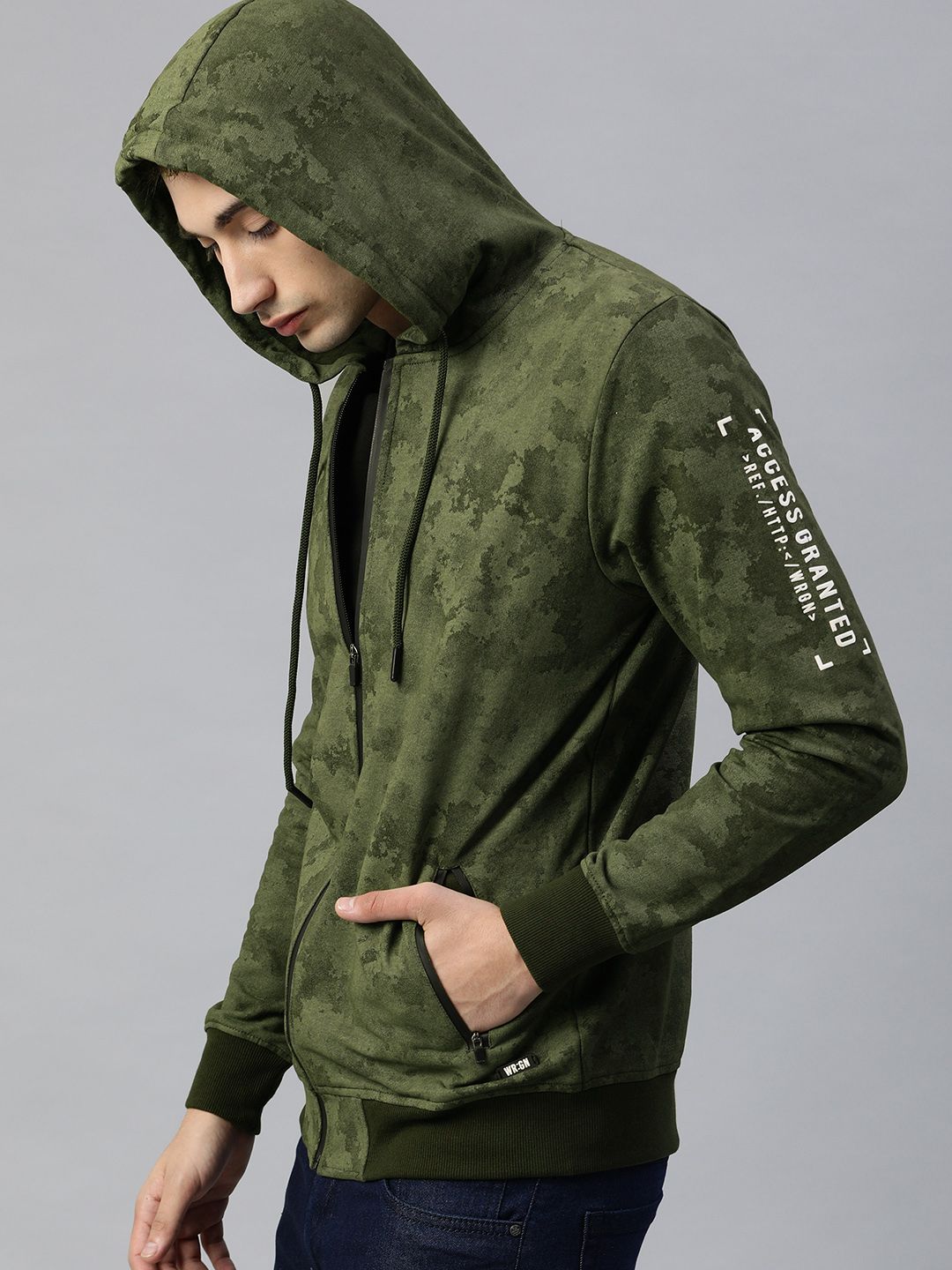  WROGN Men Olive Green Camouflage Printed Hooded Sweatshirt