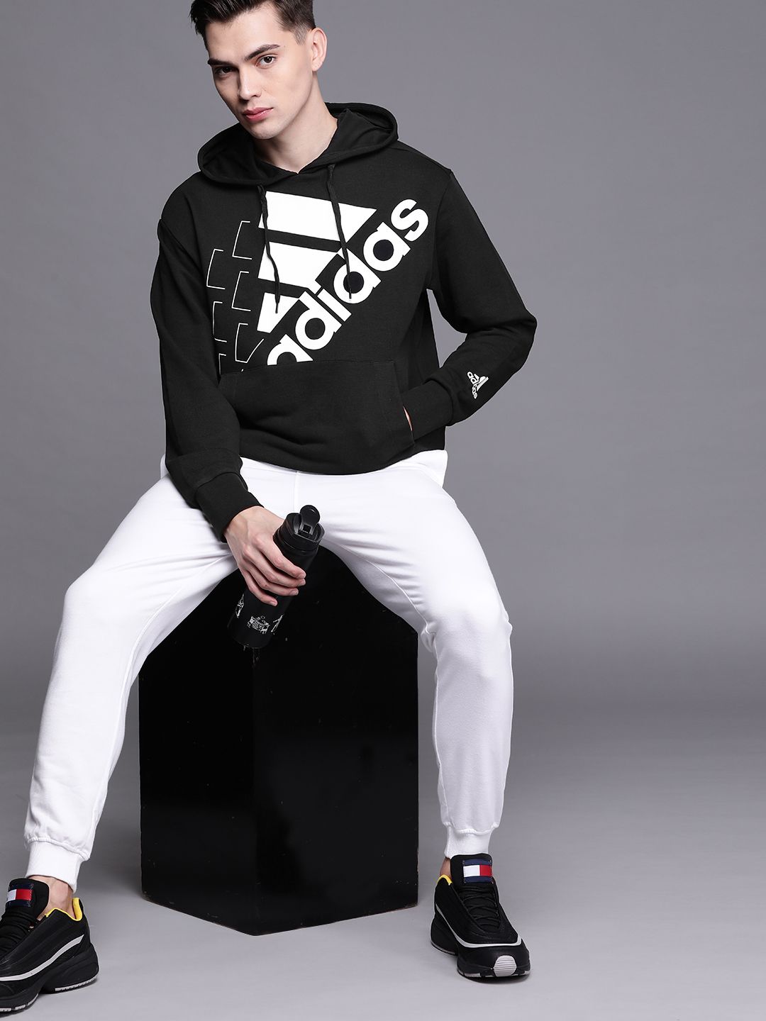  ADIDAS Men Black & White UniteFit Q3 BLUV Brand Logo Print Hooded Sweatshirt