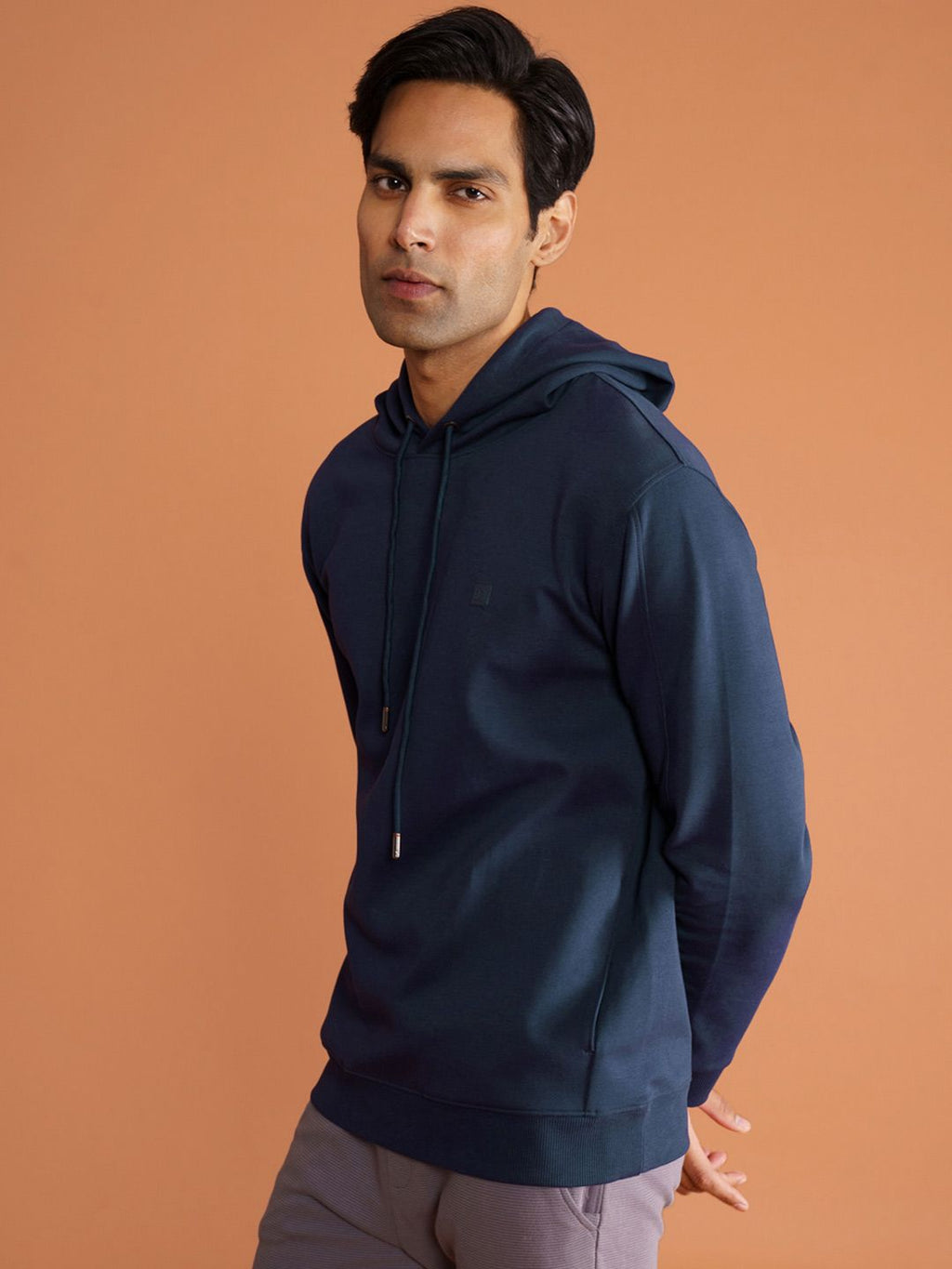  DAMENSCH Men Solid Navy Blue Cotton Regular Fit Hoodie