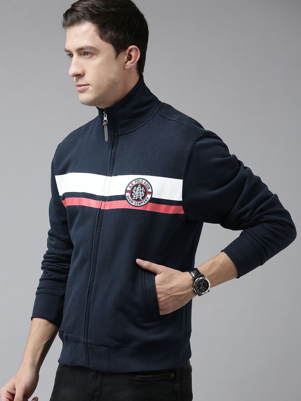  U S Polo Assn Denim Co Men Navy Blue & White Striped Sweatshirt