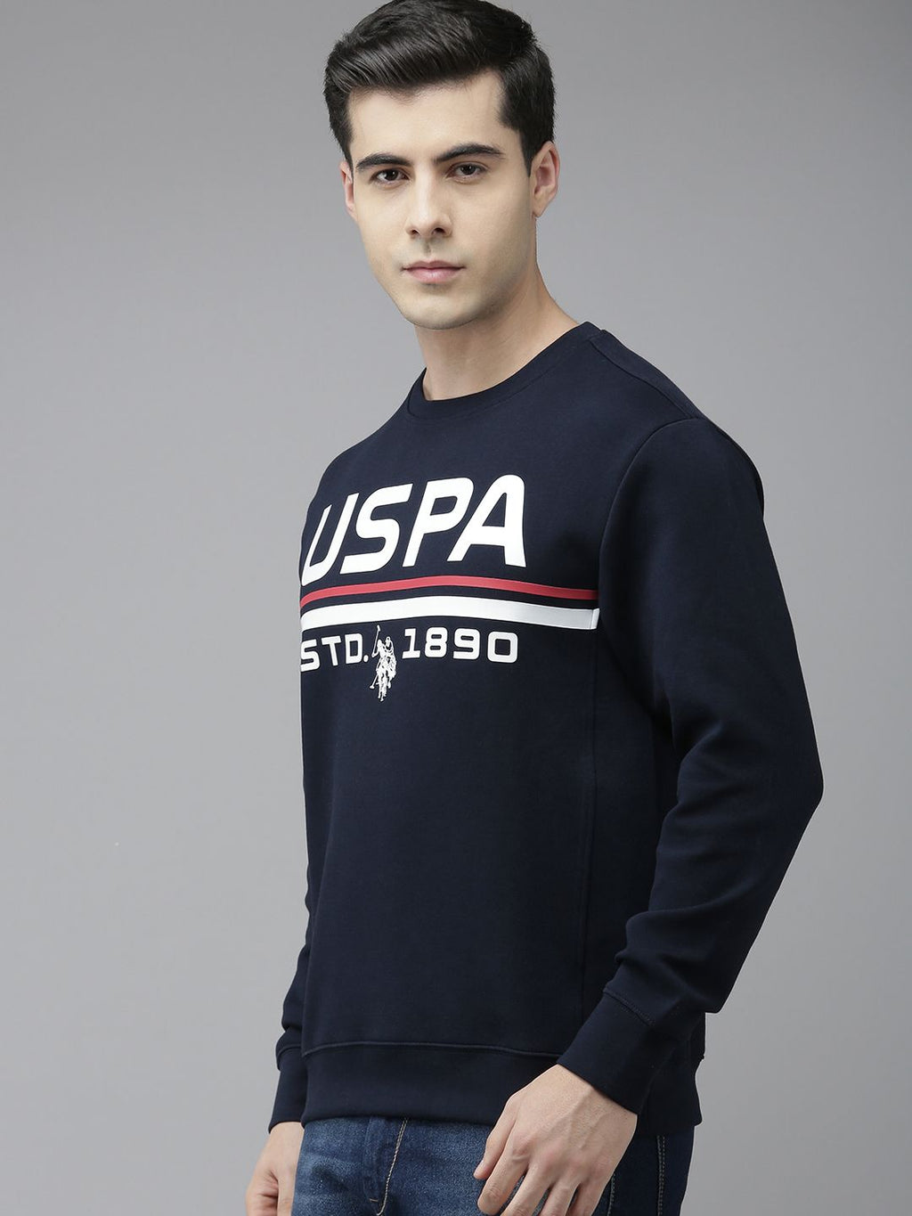 U.S. Polo Assn. U S Polo Assn Men Navy Blue Printed Round Neck Long Sleeves Sweatshirt