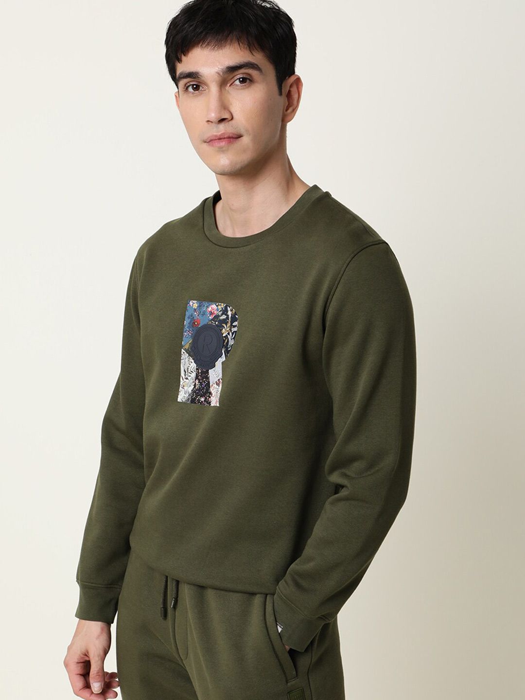  RARE RABBIT Men Olive Green Printed Full Sleeve Sweatshirt